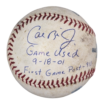 2001 Cal Ripken Jr. Game Used and Signed Baseball Used On 09/18/01 - First Post 9/11 Game (Beckett)
